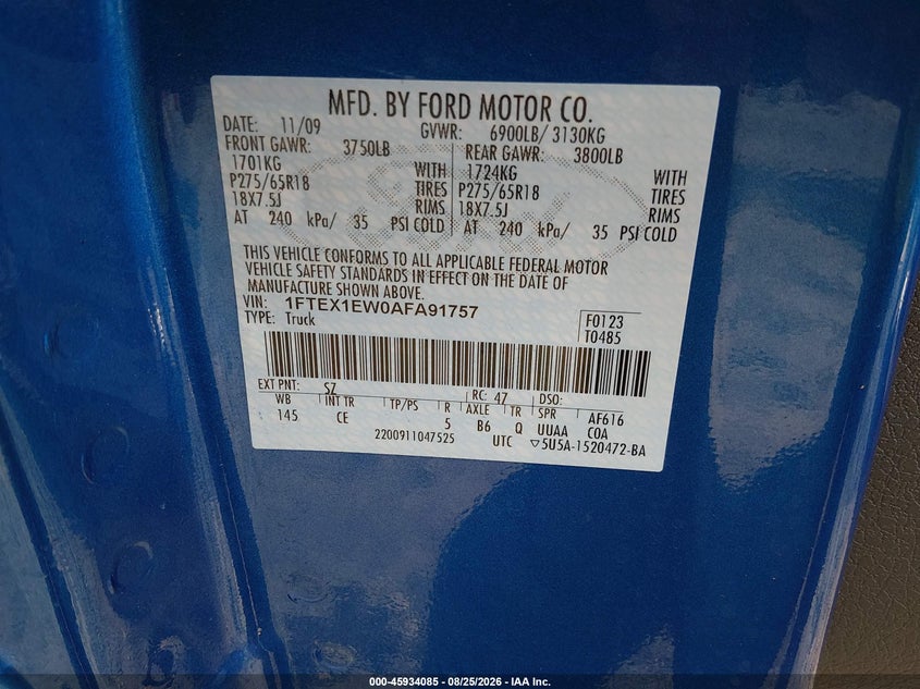 FORD F-150 2010 VIN 1FTEX1EW0AFA91757