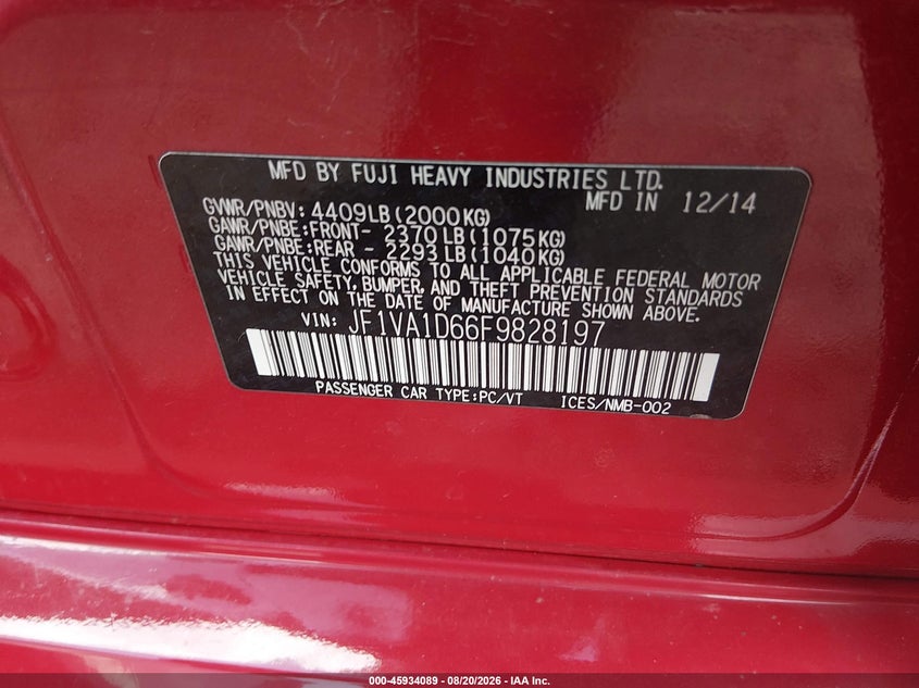 SUBARU WRX 2015 VIN JF1VA1D66F9828197