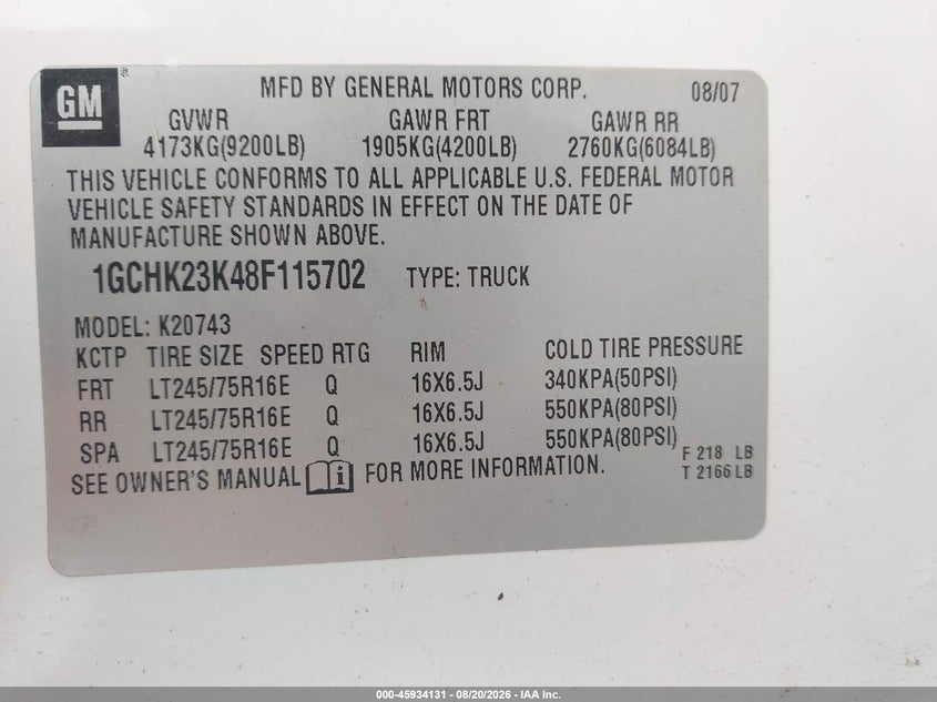 CHEVROLET SILVERADO 2500HD 2008 VIN 1GCHK23K48F115702