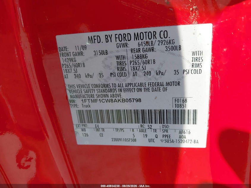 FORD F-150 2010 VIN 1FTMF1CW8AKB05798