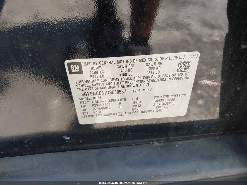 2013 CADILLAC SRX SPORT UTILITY VEHICLE 3.6L V-6 DI, DOHC, VVT, 308HP