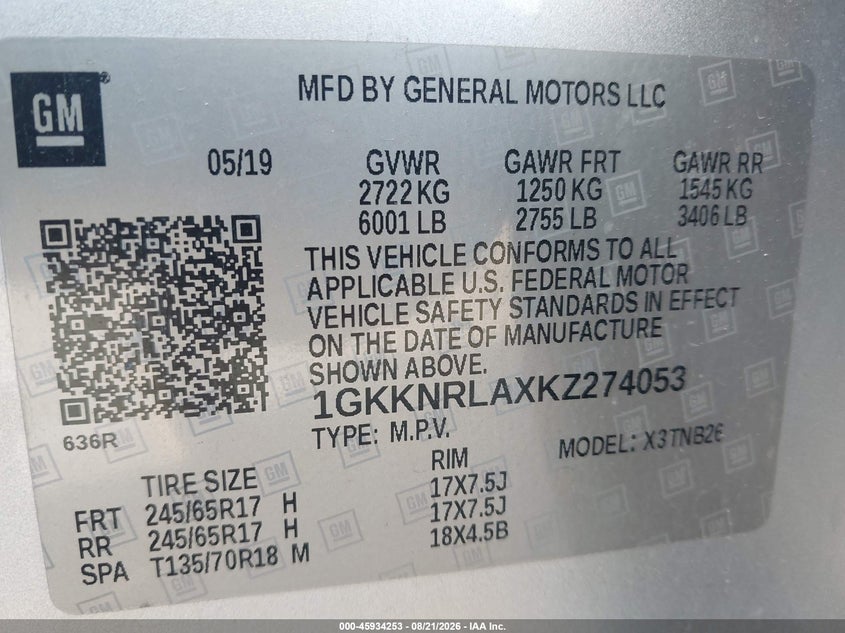 GMC ACADIA 2019 VIN 1GKKNRLAXKZ274053