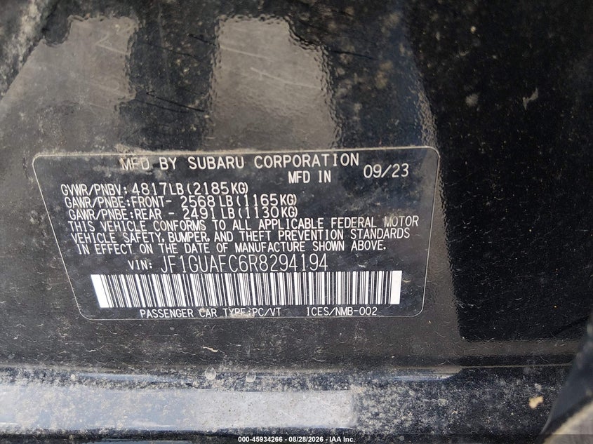 SUBARU IMPREZA 2024 VIN JF1GUAFC6R8294194