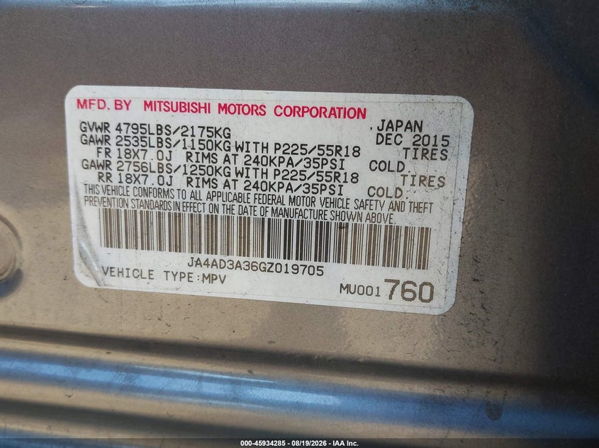 2016 MITSUBISHI OUTLANDER SPORT UTILITY VEHICLE 2.4L I-4 VVT, 166HP