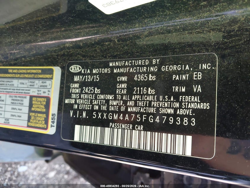 KIA OPTIMA 2015 VIN 5XXGM4A75FG479383