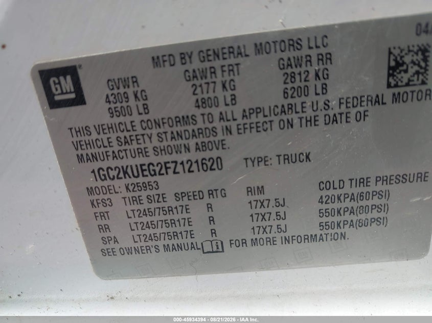 CHEVROLET SILVERADO 2500HD 2015 VIN 1GC2KUEG2FZ121620