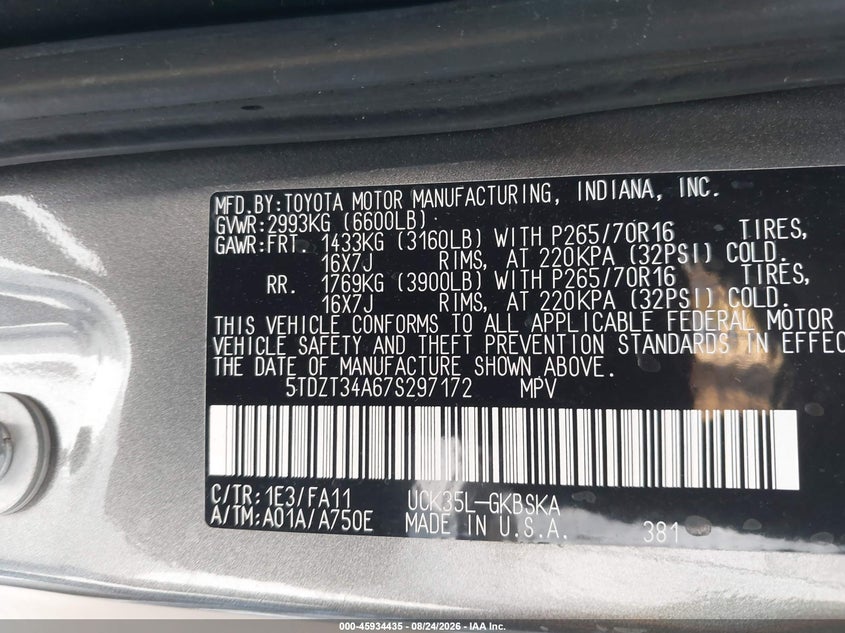 TOYOTA SEQUOIA 2007 VIN 5TDZT34A67S297172