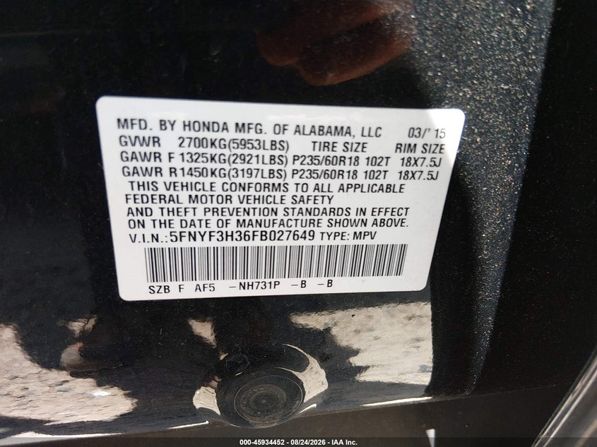 2015 HONDA PILOT SPORT UTILITY VEHICLE 3.5L V-6 VVT, REGULAR , 250HP