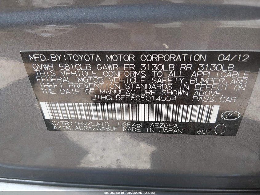 LEXUS LS 460 2012 VIN JTHCL5EF6C5014554