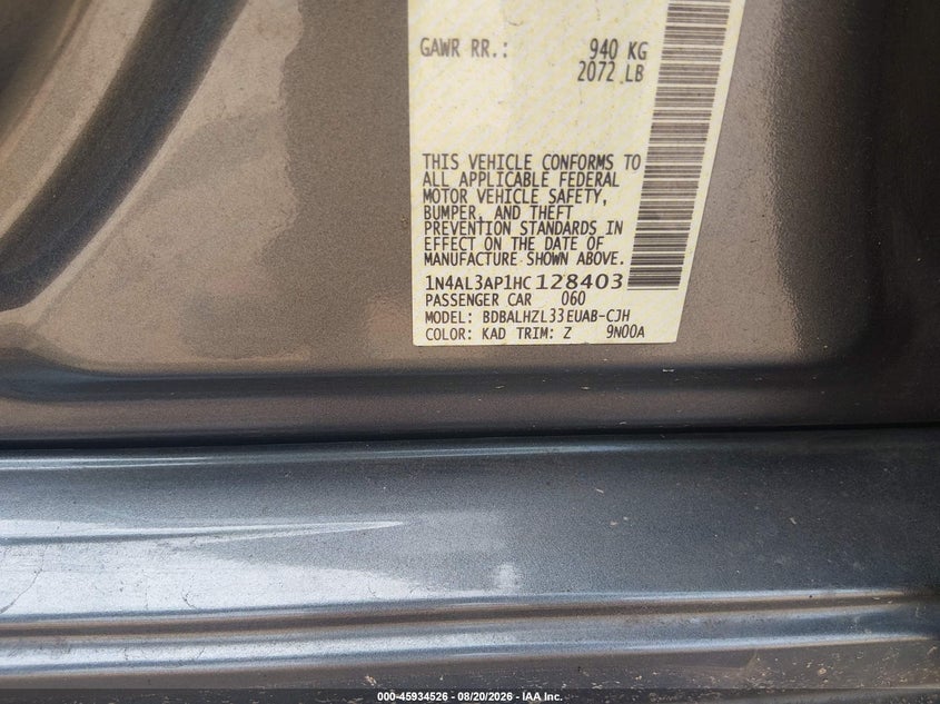 2017 NISSAN ALTIMA SEDAN 2.5L I-4 DOHC, VVT, 179HP