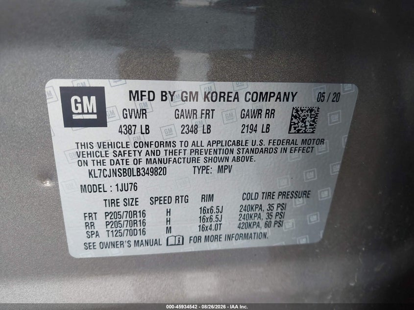 CHEVROLET TRAX 2020 VIN KL7CJNSB0LB349820