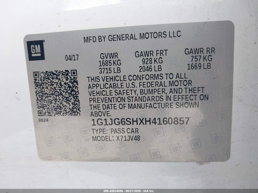 CHEVROLET SONIC 2017 VIN 1G1JG6SHXH4160857