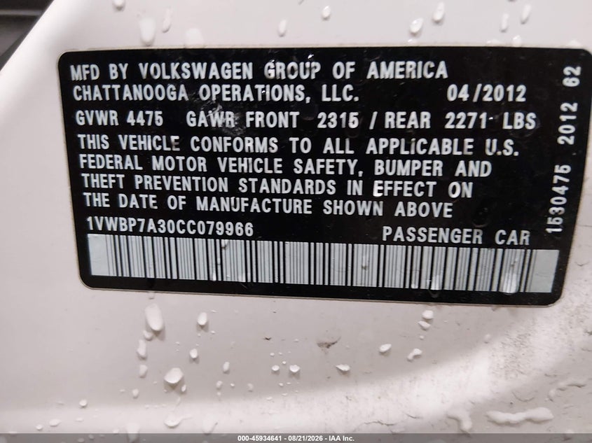 2012 VOLKSWAGEN PASSAT SEDAN 2.5L I-5 DOHC, VVT, 170HP