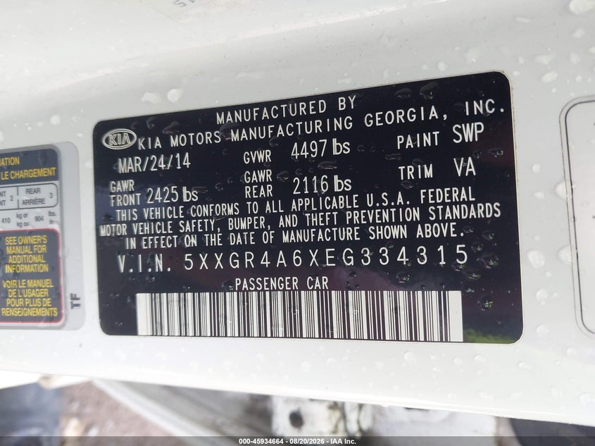 KIA OPTIMA 2014 VIN 5XXGR4A6XEG334315