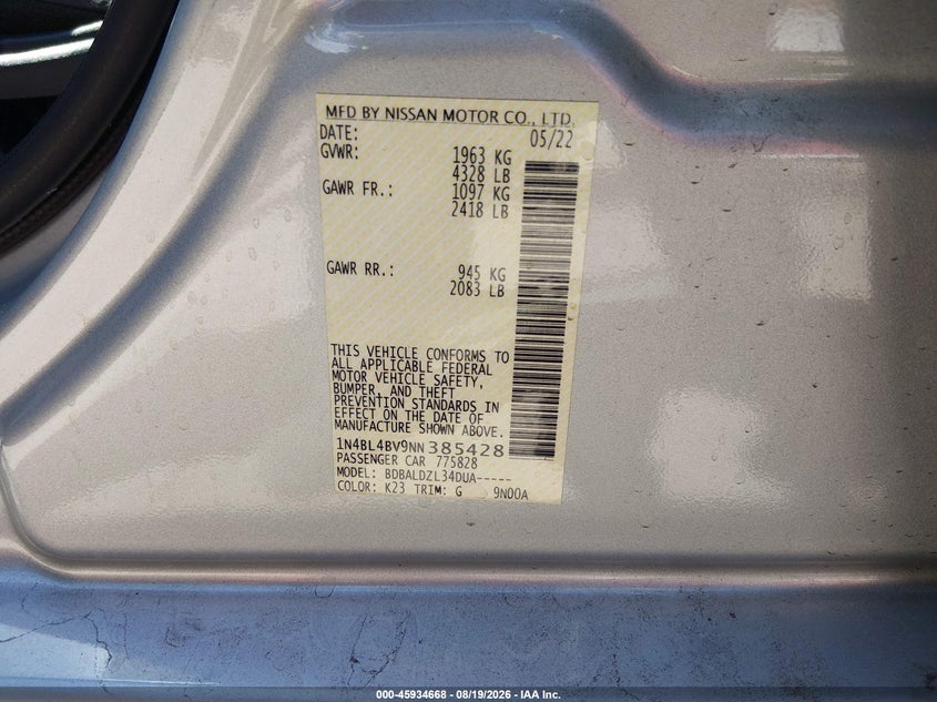NISSAN ALTIMA 2022 VIN 1N4BL4BV9NN385428
