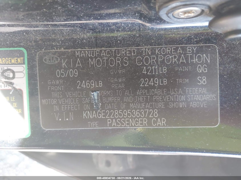 KIA OPTIMA 2009 VIN KNAGE228595363728