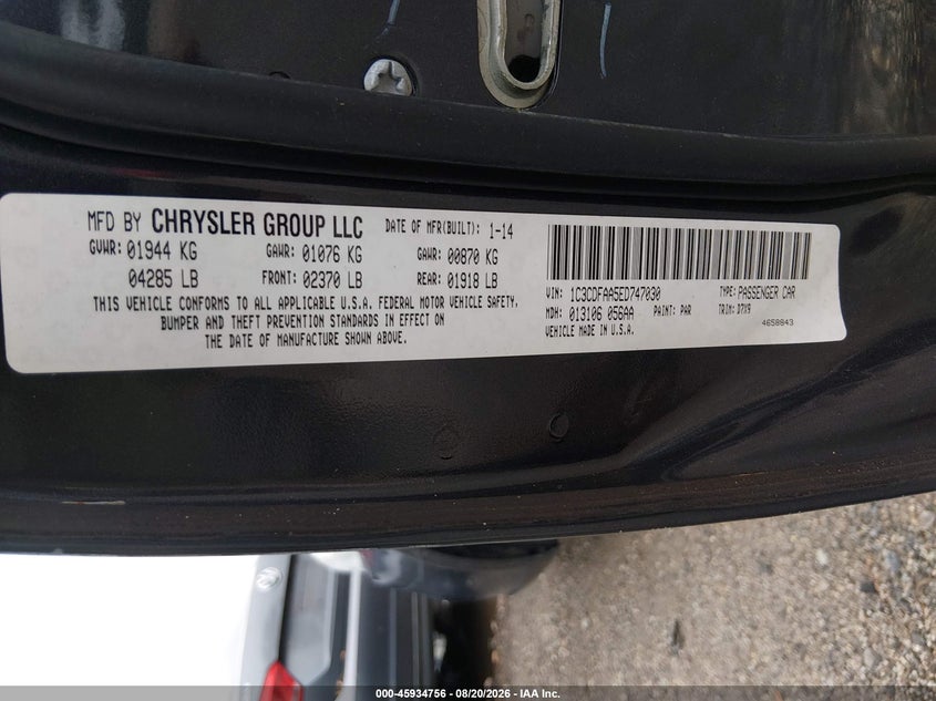 DODGE DART 2014 VIN 1C3CDFAA5ED747030