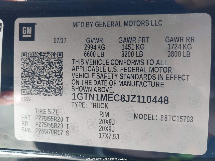 GMC SIERRA 1500 2018 VIN 1GTN1MEC8JZ110448