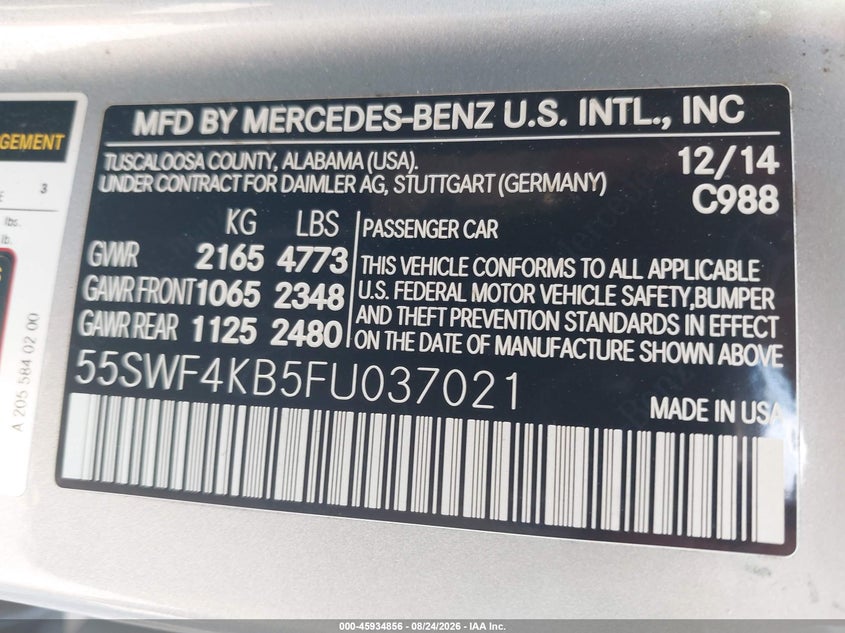 MERCEDES-BENZ C 300 2015 VIN 55SWF4KB5FU037021