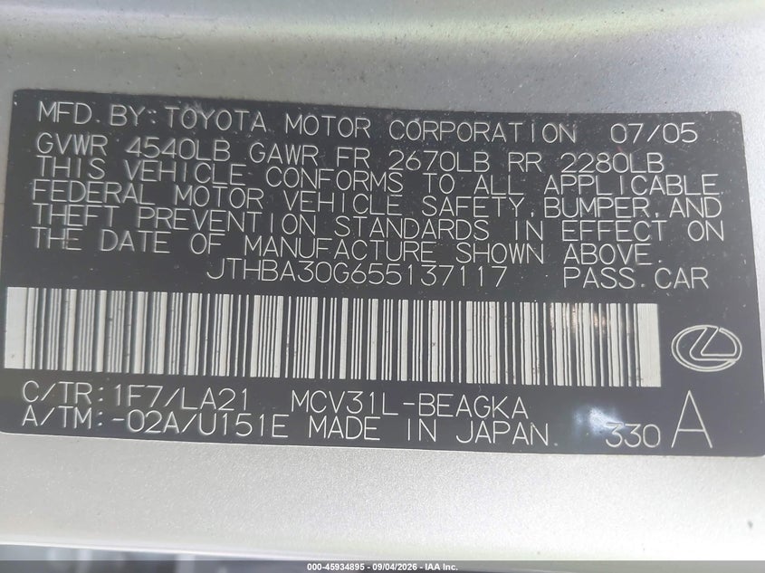 LEXUS ES 2005 VIN JTHBA30G655137117