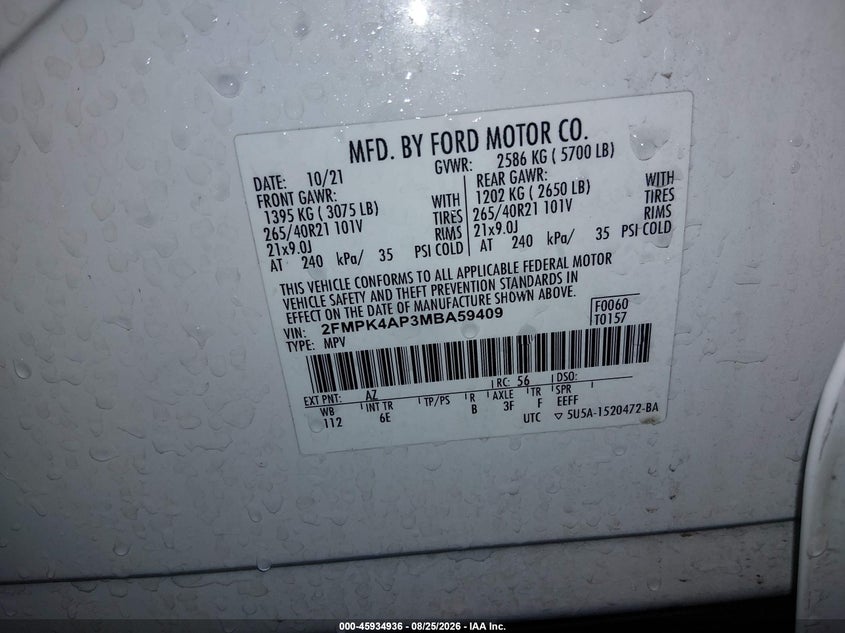 2021 FORD EDGE SPORT UTILITY VEHICLE 2.7L V-6 DI, DOHC, VVT, TURBO, PREMIUM , 335HP