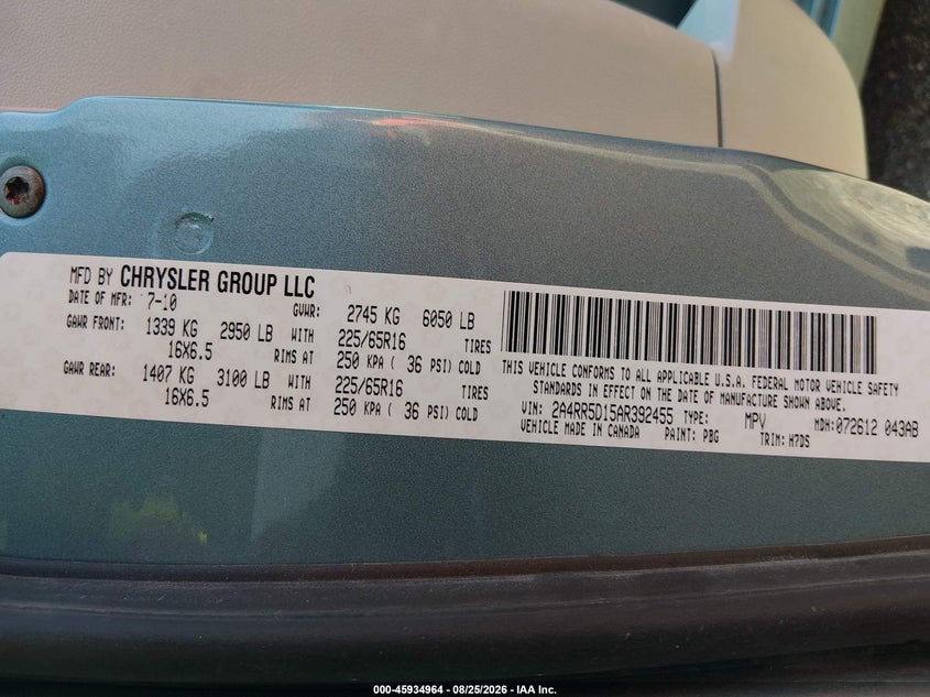 CHRYSLER TOWN & COUNTRY 2010 VIN 2A4RR5D15AR392455