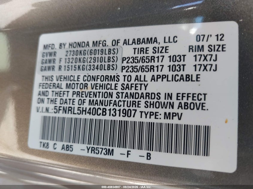 2012 HONDA ODYSSEY VAN 3.5L V-6 VVT, 248HP