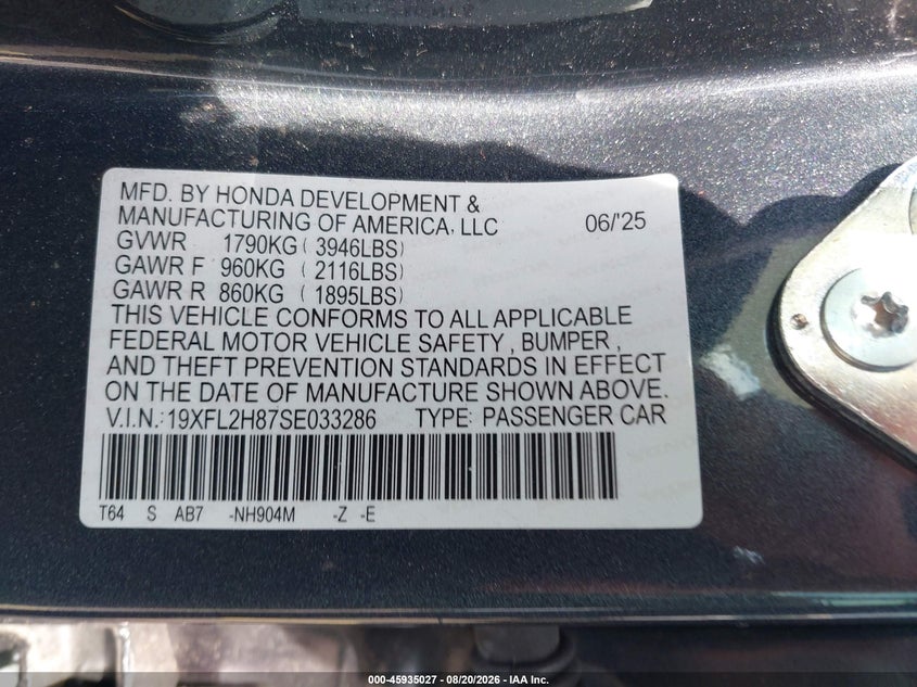 HONDA CIVIC SEDAN 2025 VIN 19XFL2H87SE033286