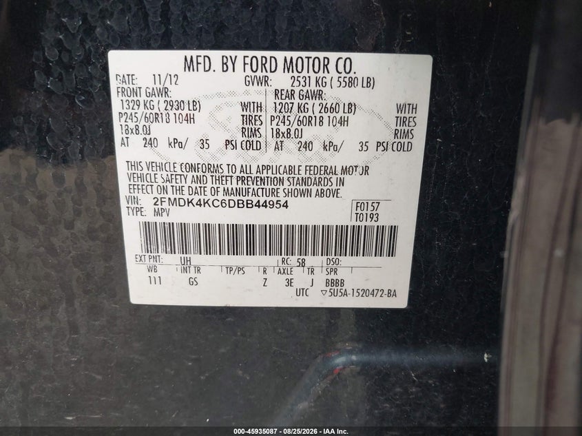 FORD EDGE 2013 VIN 2FMDK4KC6DBB44954