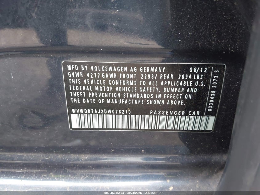 VOLKSWAGEN GOLF 2013 VIN WVWDB7AJ2DW076270