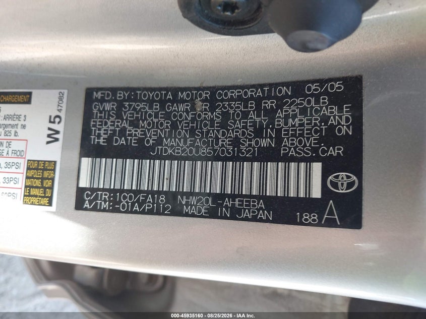 TOYOTA PRIUS 2005 VIN JTDKB20U857031321