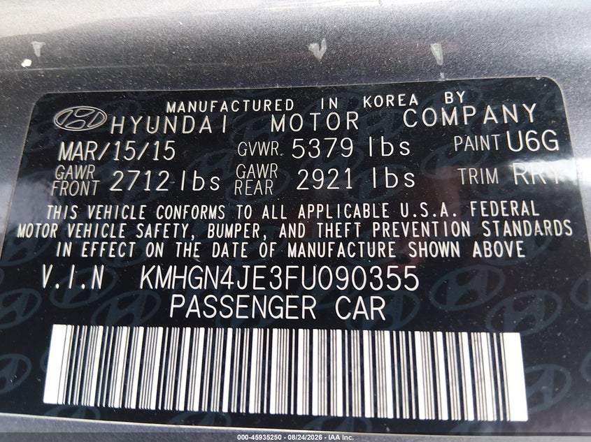 HYUNDAI GENESIS 2015 VIN KMHGN4JE3FU090355