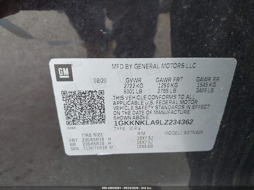 GMC ACADIA 2020 VIN 1GKKNKLA9LZ234362