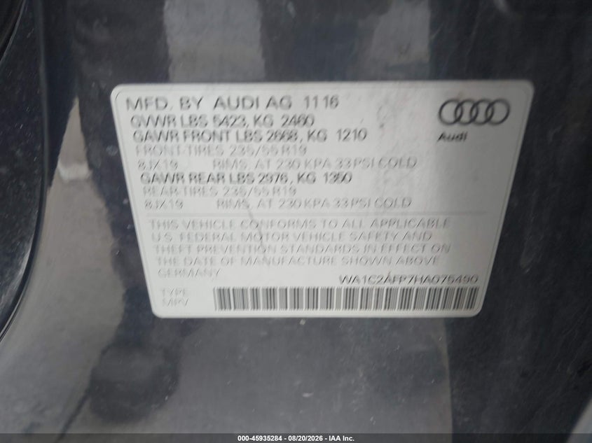 AUDI Q5 2017 VIN WA1C2AFP7HA075490