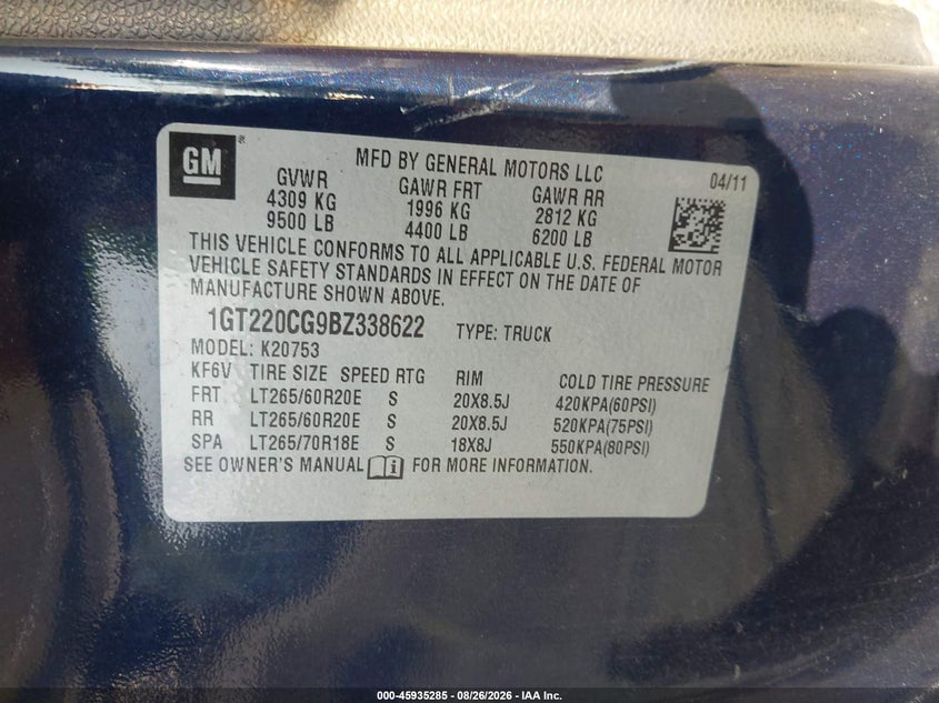 GMC SIERRA 2500HD 2011 VIN 1GT220CG9BZ338622
