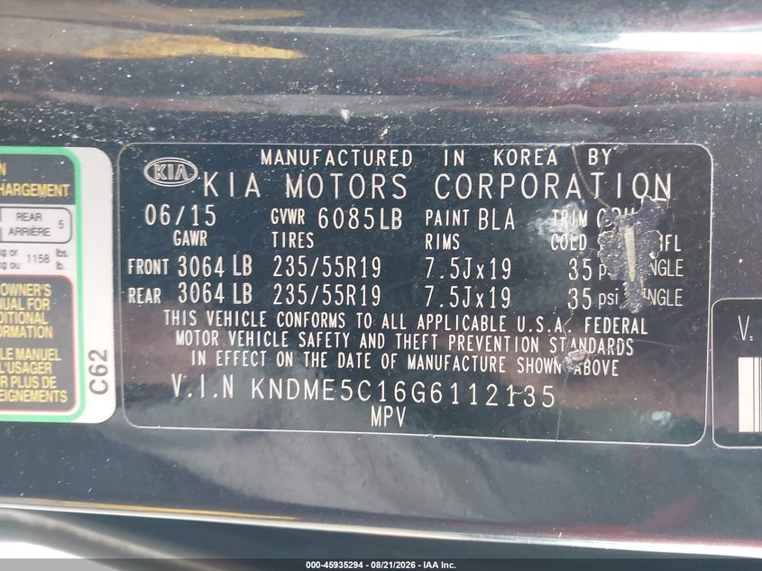 KIA SEDONA 2016 VIN KNDME5C16G6112135