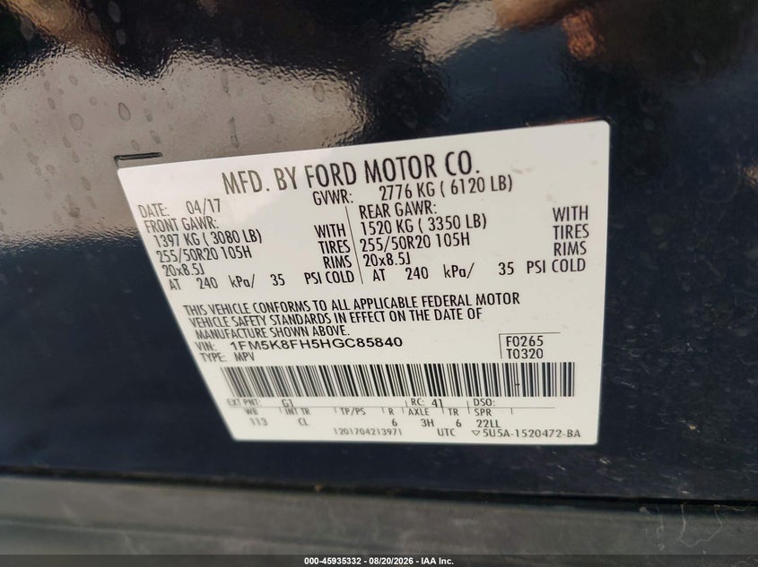 FORD EXPLORER 2017 VIN 1FM5K8FH5HGC85840