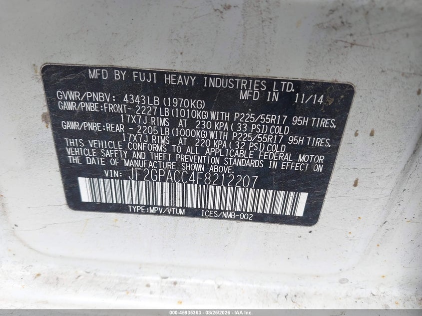 SUBARU XV CROSSTREK 2015 VIN JF2GPACC4F8212207