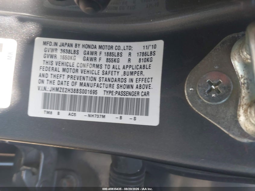 HONDA INSIGHT 2011 VIN JHMZE2H38BS001695