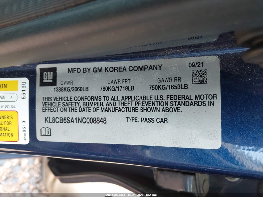 CHEVROLET SPARK 2022 VIN KL8CB6SA1NC008848