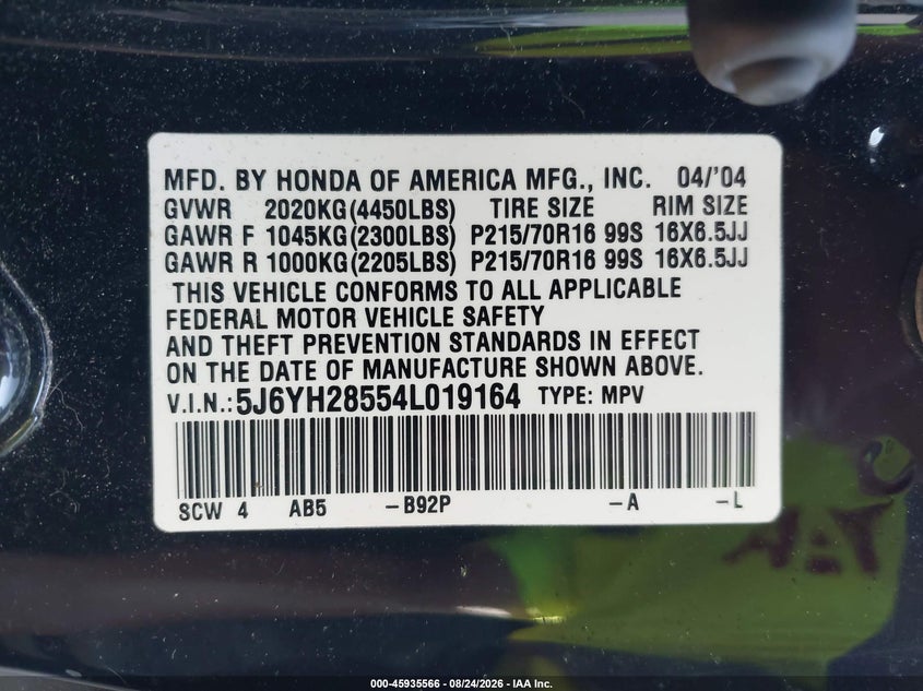 HONDA ELEMENT 2004 VIN 5J6YH28554L019164