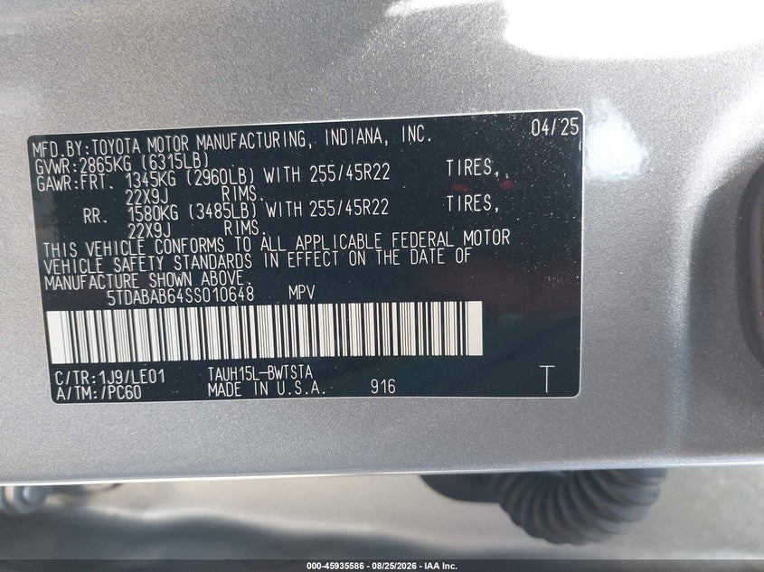 LEXUS TX 500H 2025 VIN 5TDABAB64SS010648