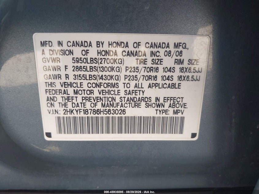 2006 HONDA PILOT SPORT UTILITY VEHICLE 3.5L V-6 VVT, 244HP