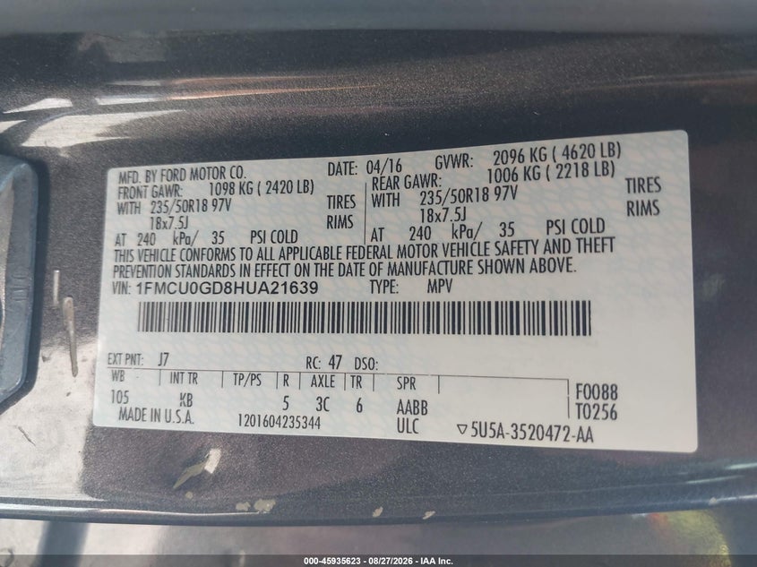 FORD ESCAPE 2017 VIN 1FMCU0GD8HUA21639