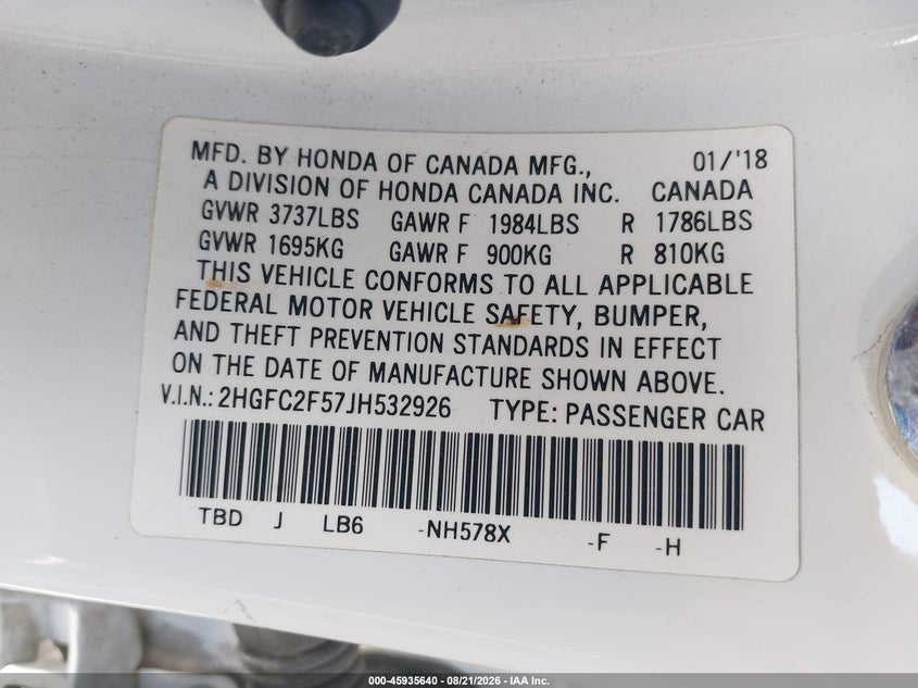 2018 HONDA CIVIC SEDAN 2.0L I-4 DOHC, VVT, 158HP