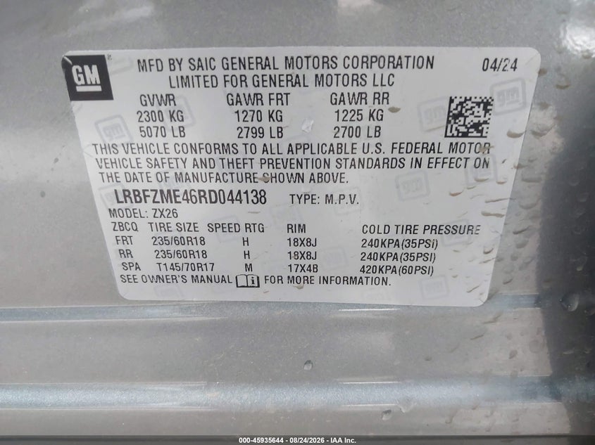 BUICK ENVISION 2024 VIN LRBFZME46RD044138