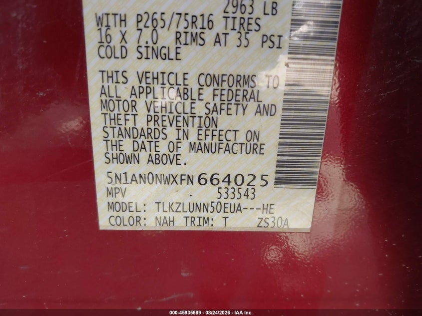 NISSAN XTERRA 2015 VIN 5N1AN0NWXFN664025