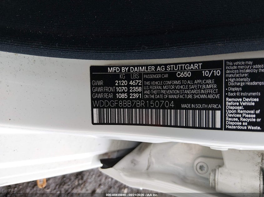 MERCEDES-BENZ C 300 2011 VIN WDDGF8BB7BR150704
