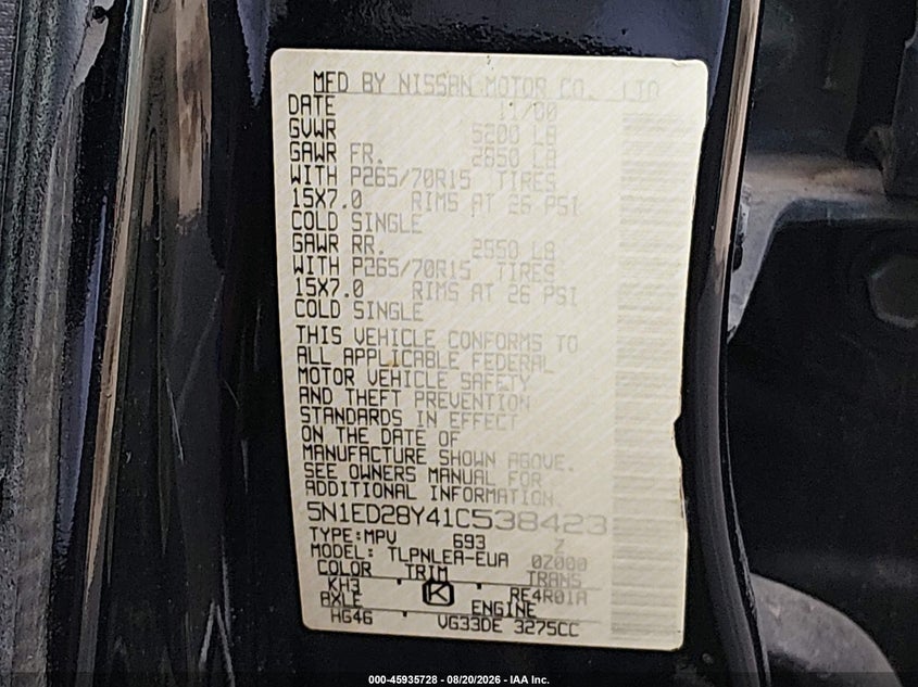 NISSAN XTERRA 2001 VIN 5N1ED28Y41C538423