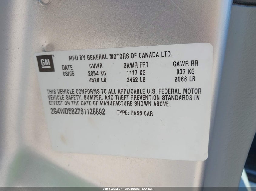 BUICK LACROSSE 2006 VIN 2G4WD582761128892